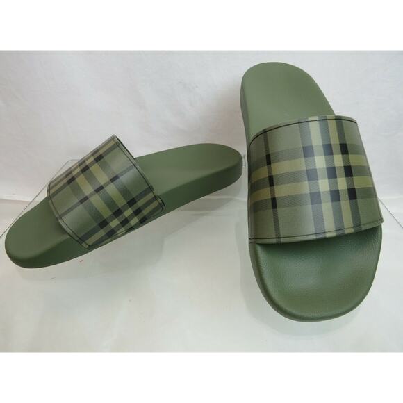 NIB BURBERRY FURLEY GREEN RUBBER CHECK LETTERING LOGO SANDAL SLIDES EUR 41 US 8 - Picture 1 of 9